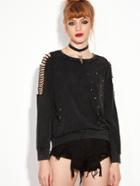 Romwe Black Ladder Cut Out Sleeve Studded Sweatshirt