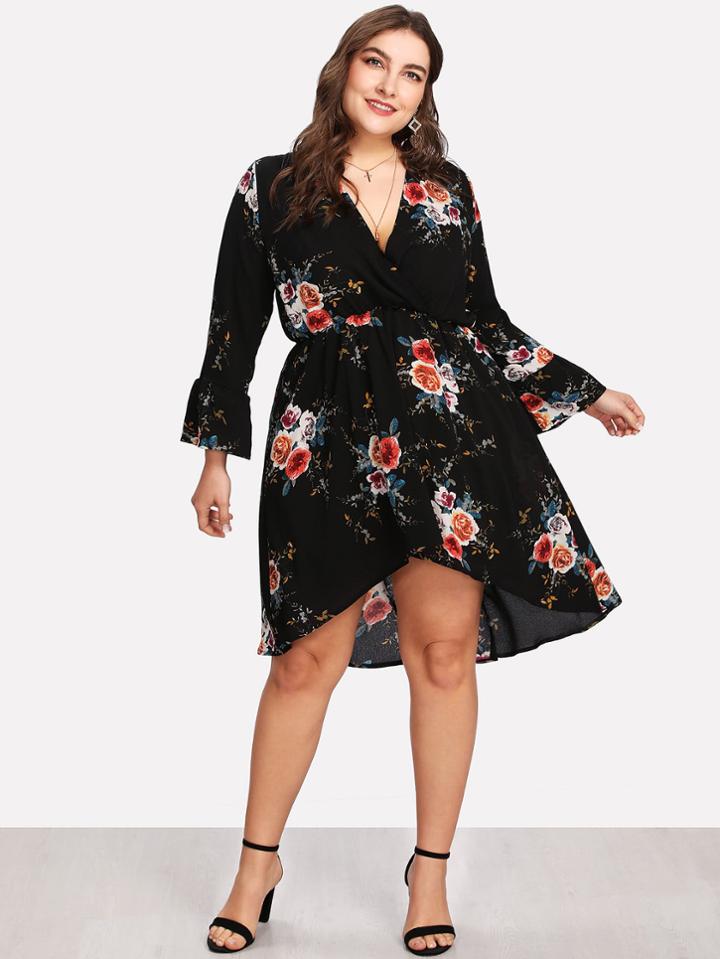 Romwe Surplice Neckline Dip Hem Florals Dress