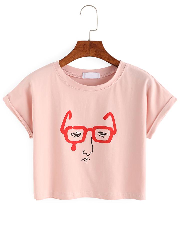 Romwe Glasses Man Print Crop T-shirt - Pink