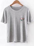 Romwe Grey Short Sleeve Heart Embroidery Casual T-shirt