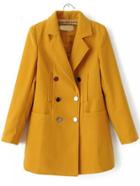 Romwe Lapel Double Breasted Slit Back Woolen Yellow Coat