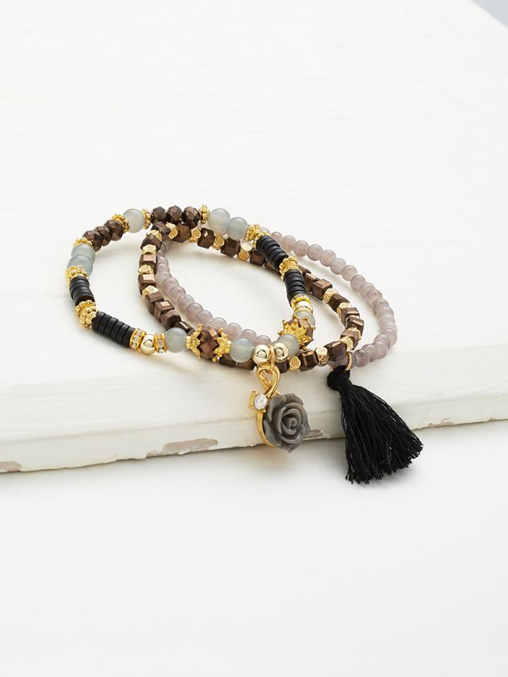 Romwe Flower & Tassel Beaded Bracelet Set
