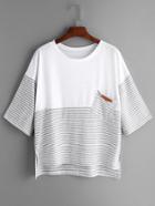 Romwe Light Grey Striped Contrast Yoke High Low T-shirt