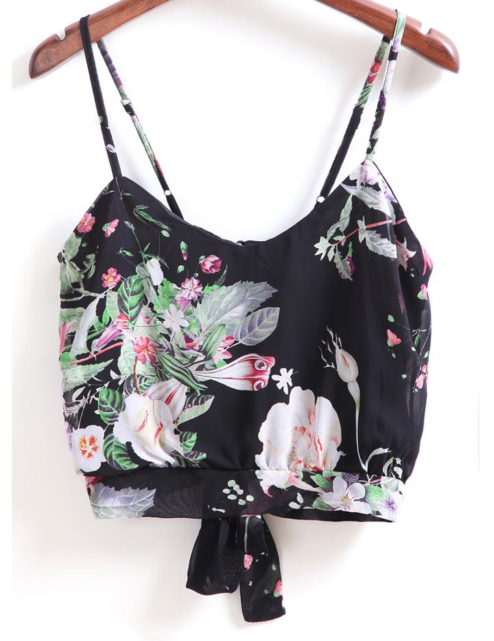Romwe Spaghetti Strap Florals Knotted Cami Top