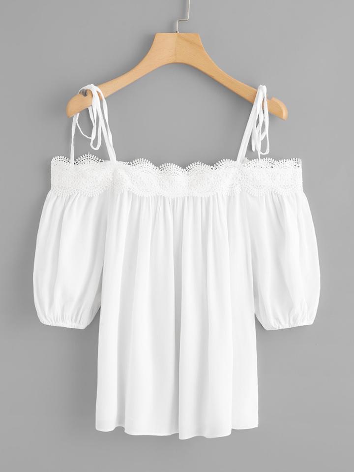 Romwe Guipure Lace Trim Tie Detail Top