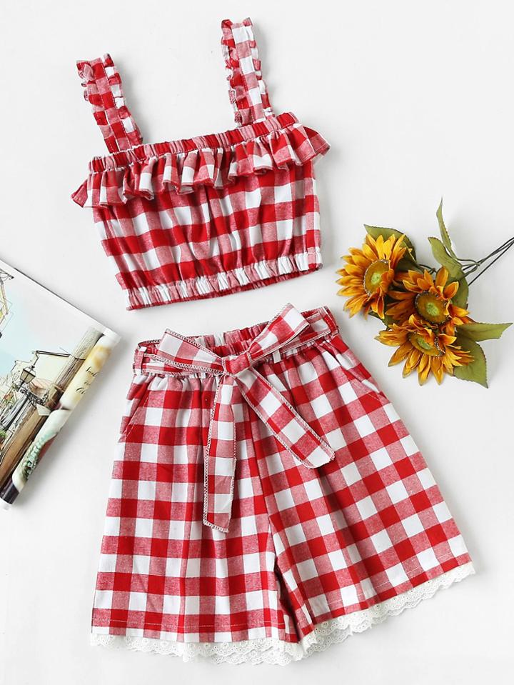 Romwe Checked Frill Crop Cami Top With Lace Hem Belt Shorts