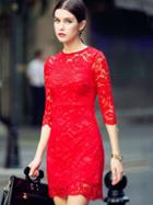 Romwe Red Round Neck Length Sleeve Lace Dress