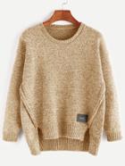 Romwe Khaki High Low Slit Patch Detail Sweater