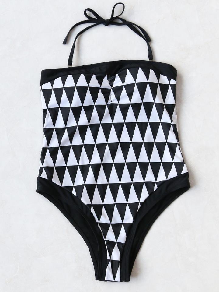 Romwe Black And White Geometric Print Halter Monokini