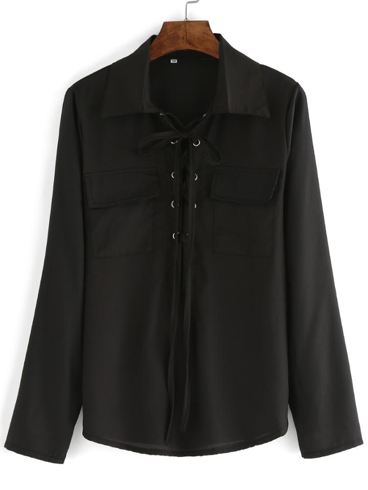 Romwe Black Lapel Lace Up Pockets Blouse