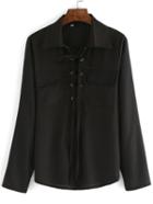 Romwe Black Lapel Lace Up Pockets Blouse