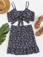 Romwe Floral Print Knot Cami Top And Skirt Co-ord