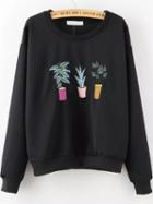 Romwe Plant Embroidered Black Sweatshirt