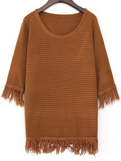 Romwe Round Neck Tassel Loose Khaki Sweater