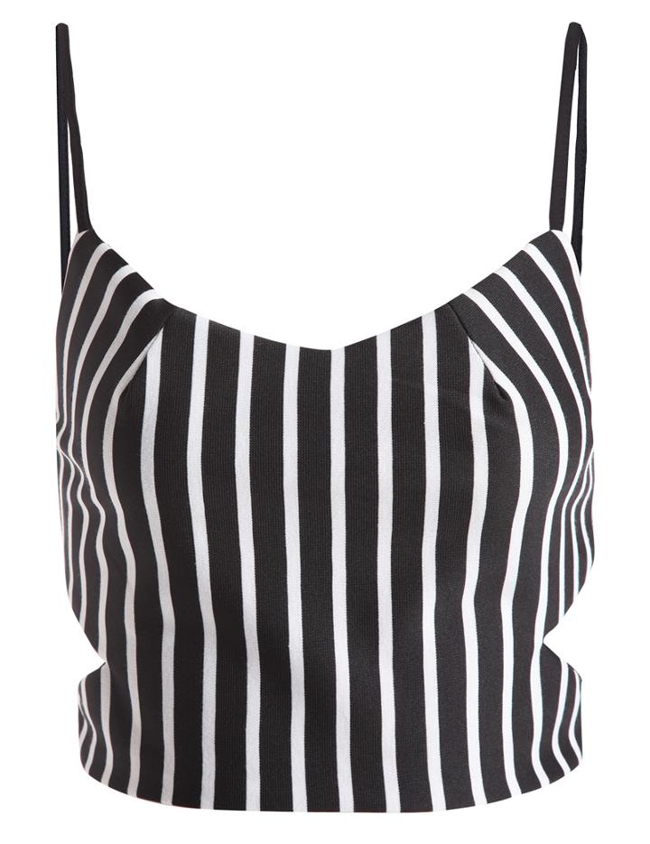 Romwe Spaghetti Strap Cut Out Vertical Striped Cami Top