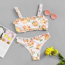 Romwe Frill Trim Floral Bikini Set