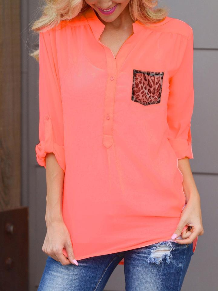 Romwe Stand Collar Leopard Pocket Chiffon High Low Blouse
