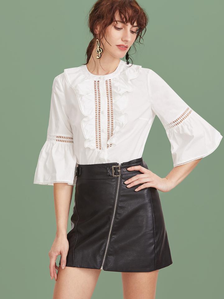 Romwe White Eyelet Lace Insert Ruffle Trim Bell Sleeve Blouse