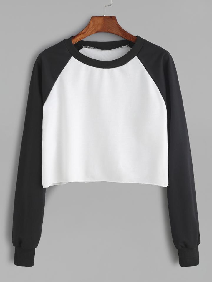 Romwe Contrast Raglan Sleeve Curved Hem Crop Sweatshirt