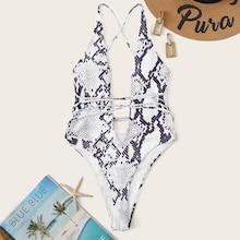 Romwe Snakeskin Print Criss Cross One Piece Swimsuit