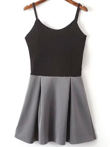 Romwe Contrast Spaghetti Strap Pleated Grey Dress