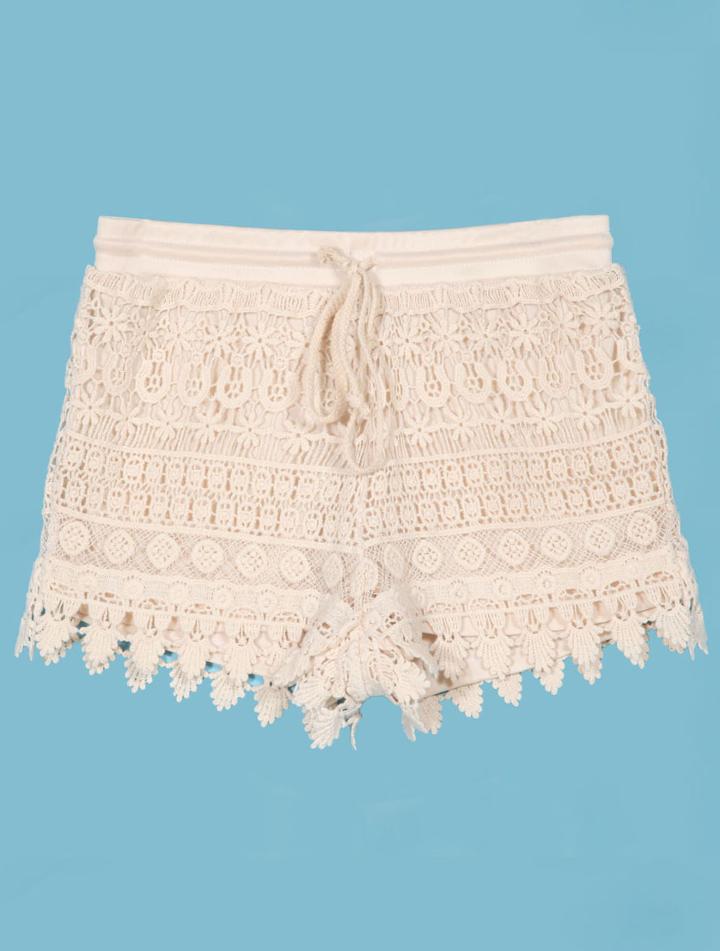 Romwe Crochet Layered Lace Drawstring Waist Beige Shorts