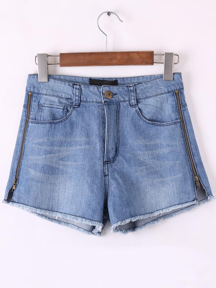 Romwe Blue Pockets Zipper Sides Fringe Denim Shorts