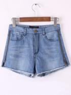 Romwe Blue Pockets Zipper Sides Fringe Denim Shorts