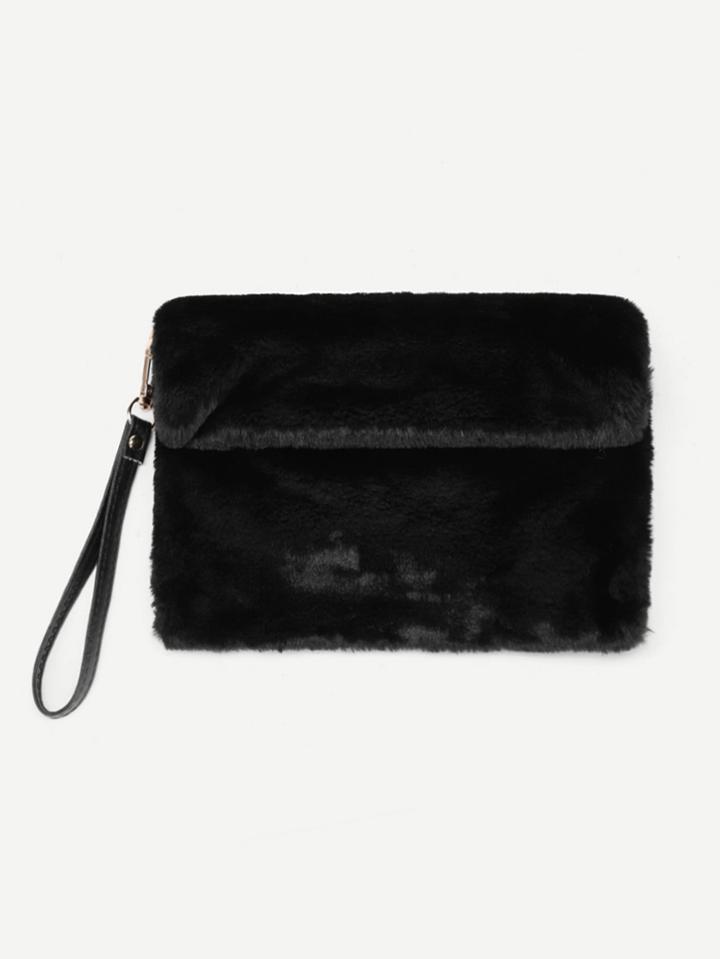 Romwe Faux Fur Clutch Bag With Pu Strap
