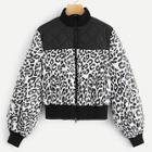 Romwe Solid Quilted Yoke Zip Up Leopard Puffer Jacket