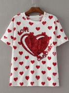 Romwe White Short Sleeve Letter Heart Sequined Ripped Hole T-shirt