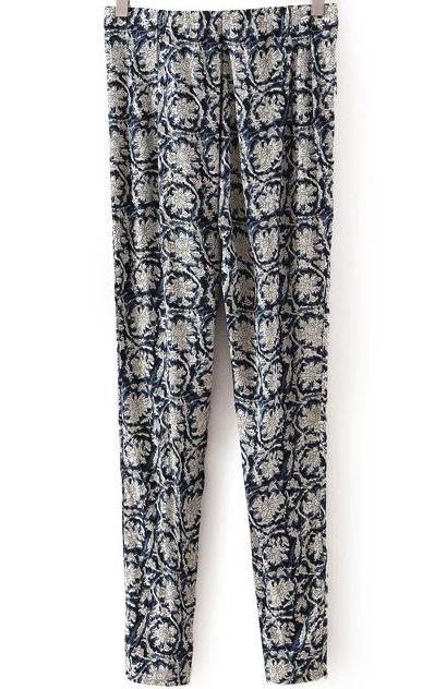 Romwe Blue Vintage Floral Slim Pant