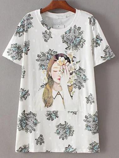 Romwe White Round Neck Printed Dress