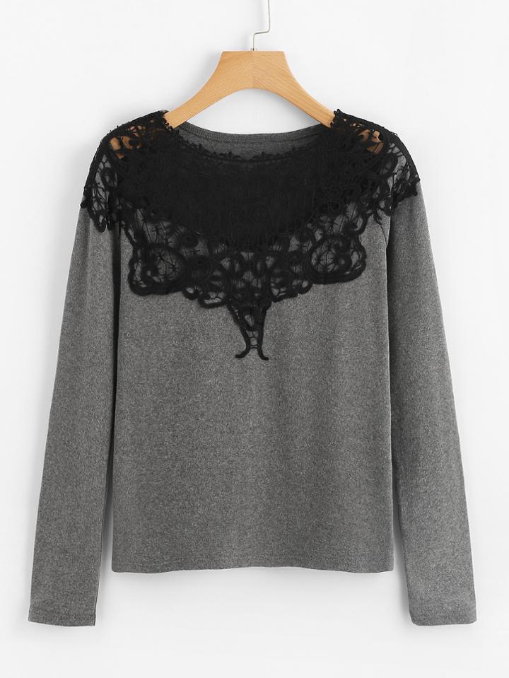 Romwe Contrast Lace Applique T-shirt