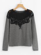 Romwe Contrast Lace Applique T-shirt