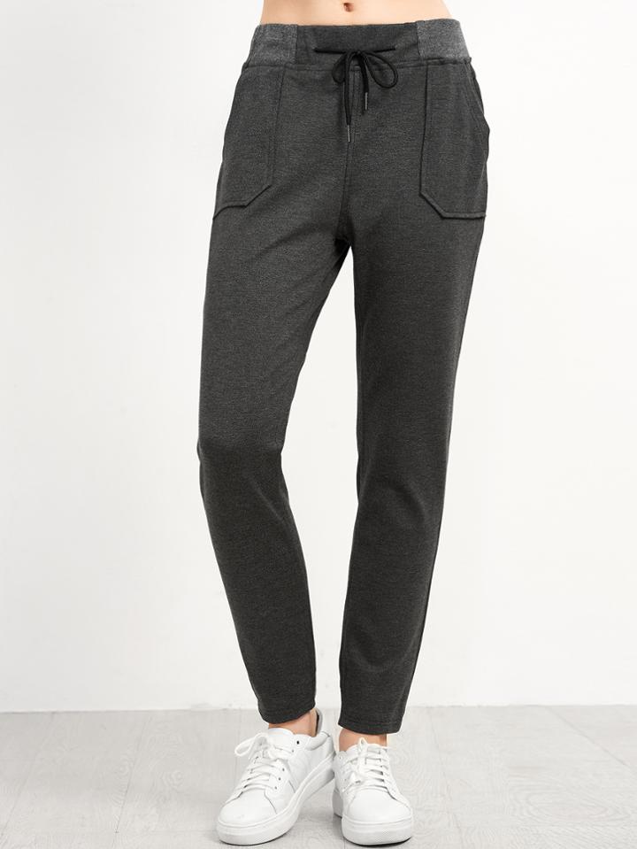 Romwe Dark Grey Pockets Drawstring Pants