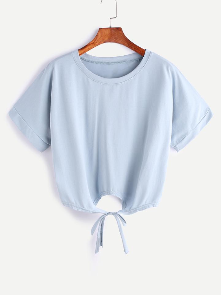 Romwe Blue Knotted Hem Crop T-shirt