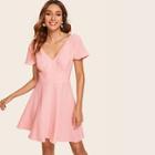 Romwe Solid Shirred Back Fit And Flare Dress