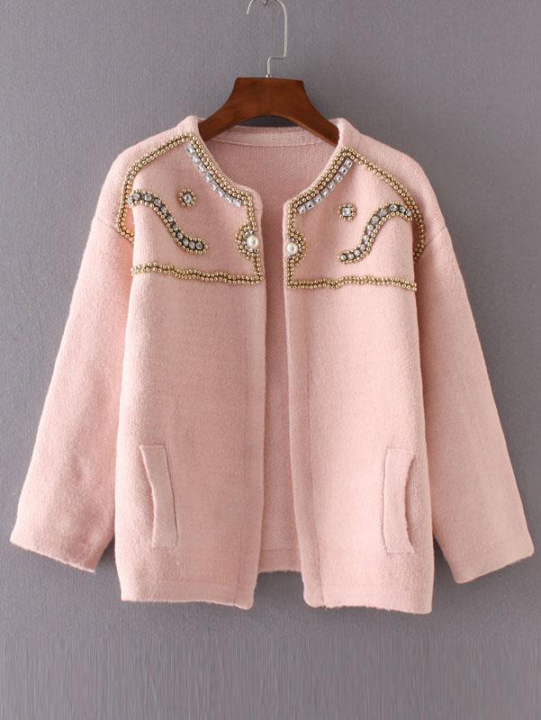 Romwe Pink Drop Shoulder Beaded Sweater Coat With Pockets