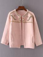 Romwe Pink Drop Shoulder Beaded Sweater Coat With Pockets