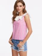 Romwe Contrast Ruffle Collar Bow Back Checkered Top