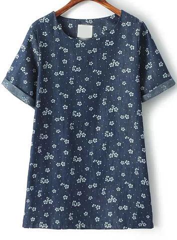 Romwe Navy Short Sleeve Floral Slim Dress