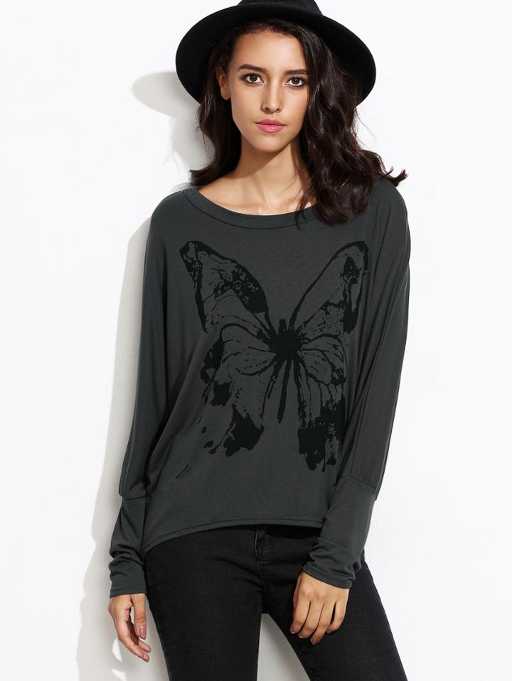 Romwe Butterfly Print Batwing Sleeve High Low T-shirt