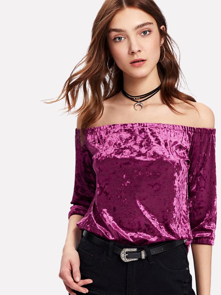 Romwe Crushed Velvet Bardot Crop Tee