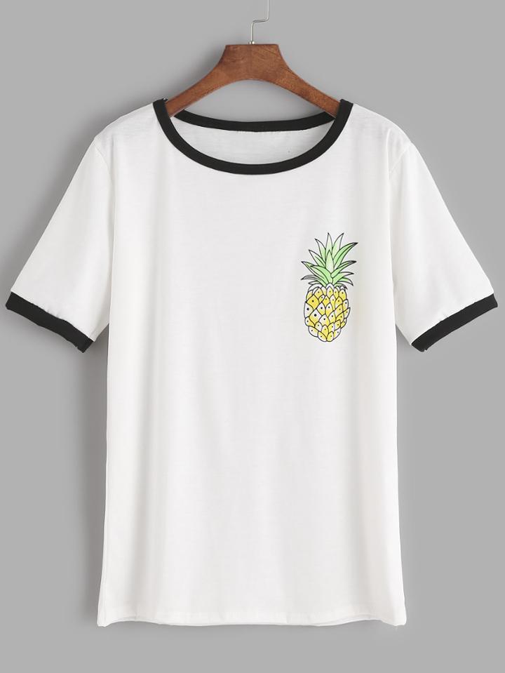 Romwe White Contrast Trim Pineapple Print T-shirt