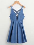 Romwe V Cut Criss Cross Back A Line Chambray Dress