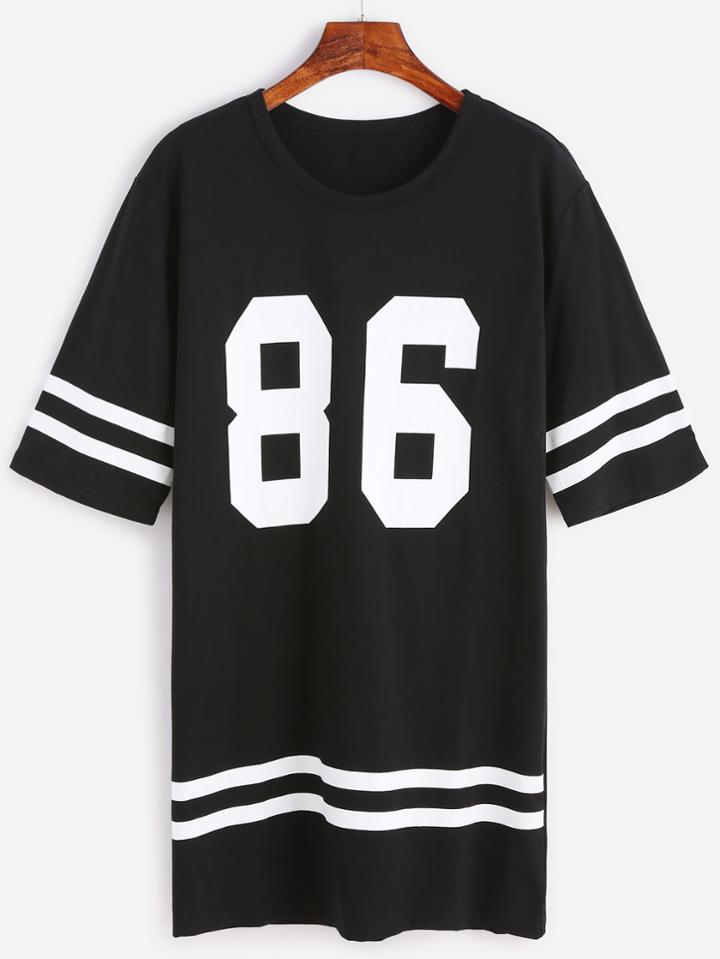 Romwe Black Number Print Varsity Striped Tee Dress