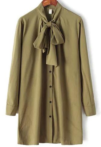 Romwe Green Tie Neck Long Sleeve Loose Blouse