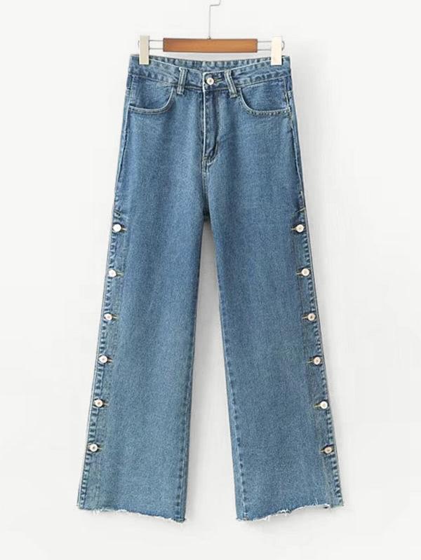 Romwe Side Button Raw Hem Jeans