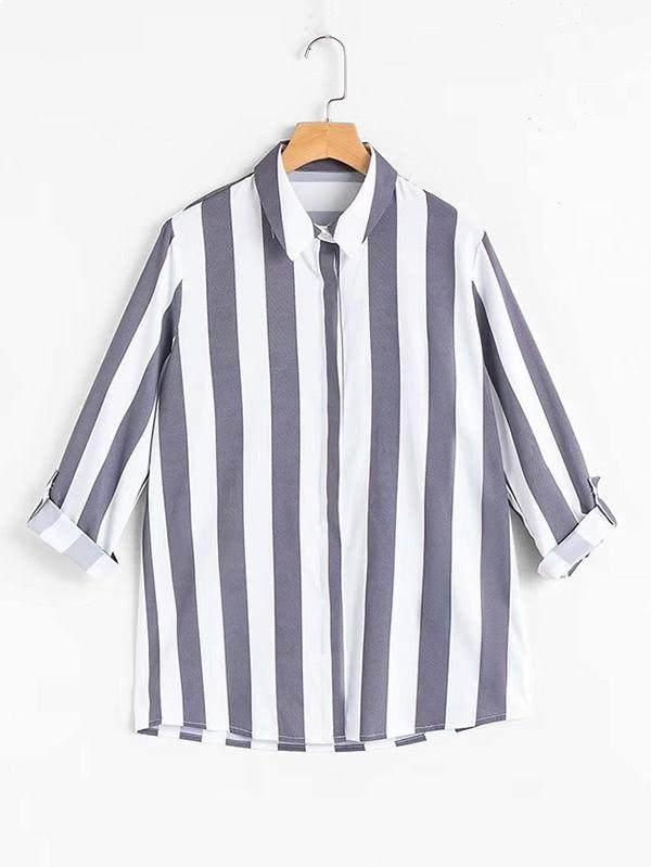 Romwe Roll Cuff Block Striped Blouse